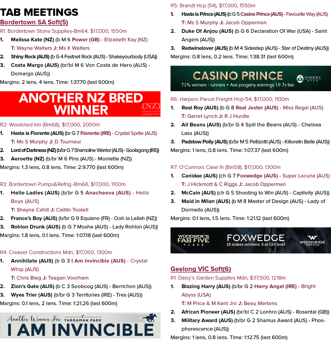 Tab Meetings Bordertown SA Soft(5) R1: Bordertown Stone Supplies Bm64, $17,000, 1550m 1. Melissa Kate (NZ) (b M 6 Pow...