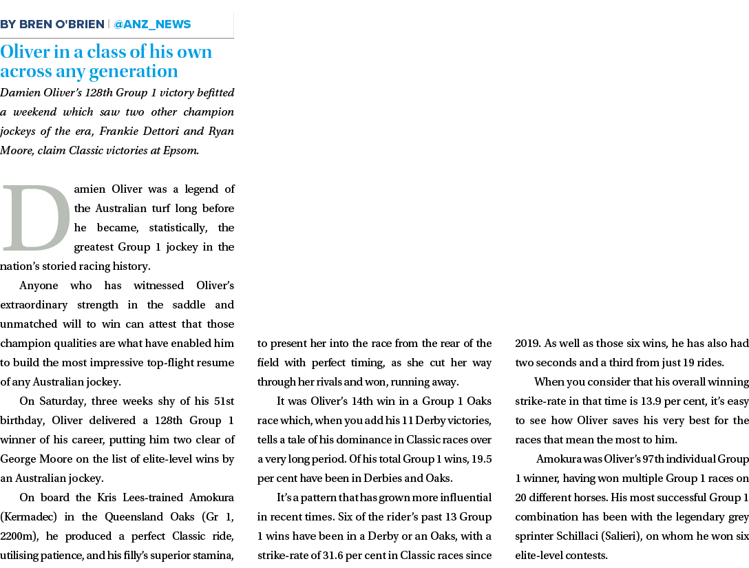 ￼ Oliver in a class of his own across any generation Damien Oliver’s 128th Group 1 victory befitted a weekend which s...