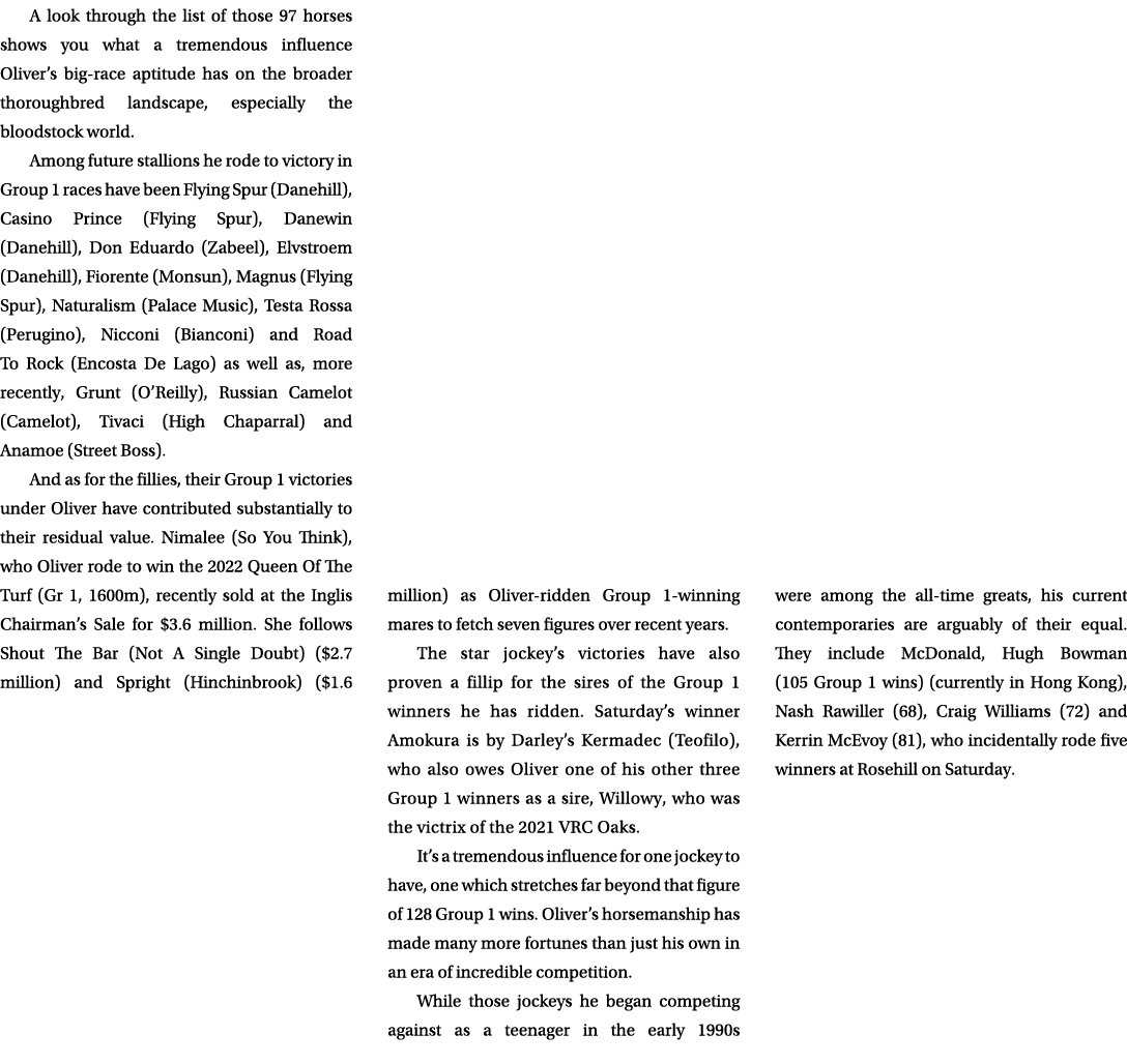 A look through the list of those 97 horses shows you what a tremendous influence Oliver’s big race aptitude has on th...