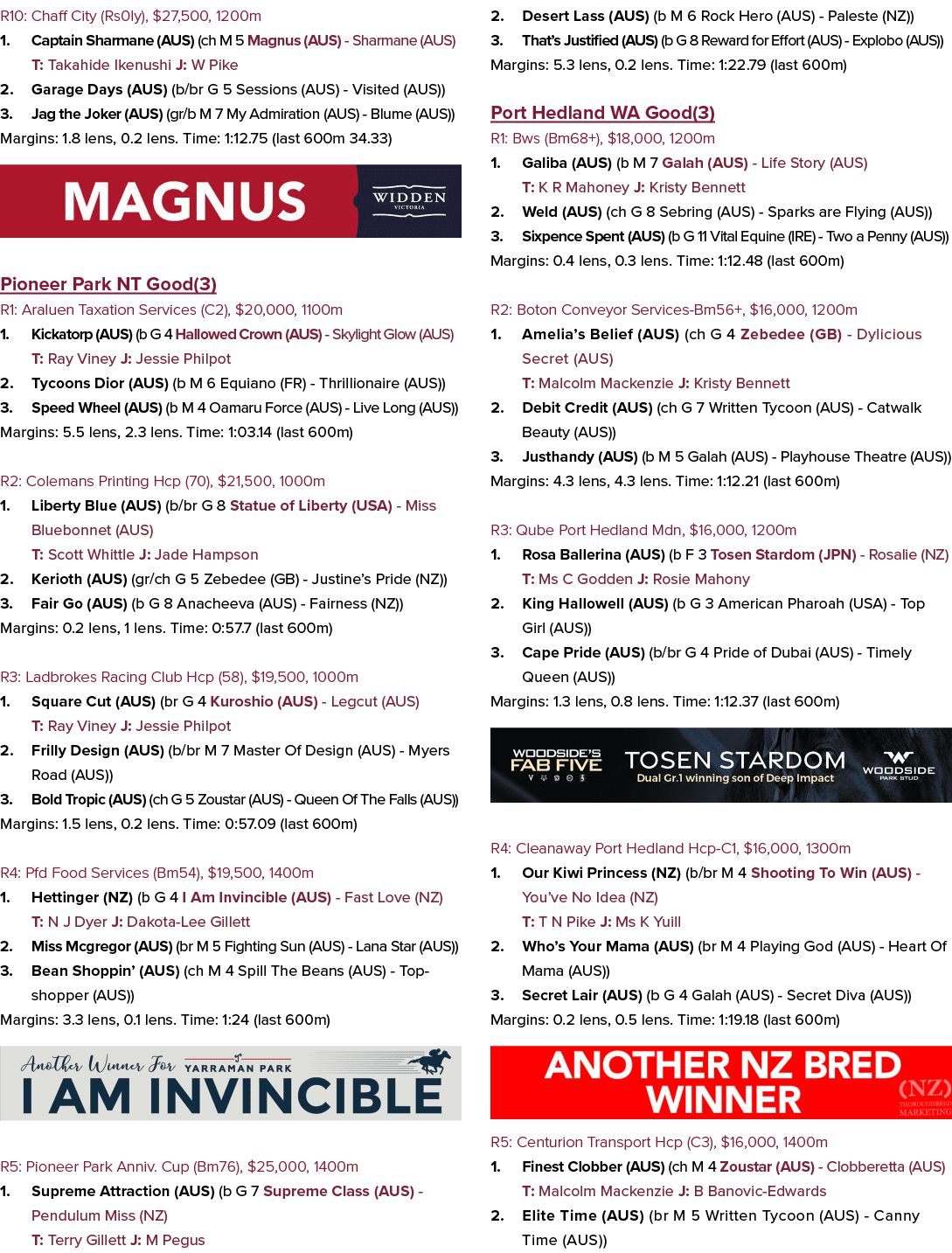 R10: Chaff City (Rs0ly), $27,500, 1200m 1. Captain Sharmane (AUS) (ch M 5 Magnus (AUS) Sharmane (AUS) T: Takahide Ike...