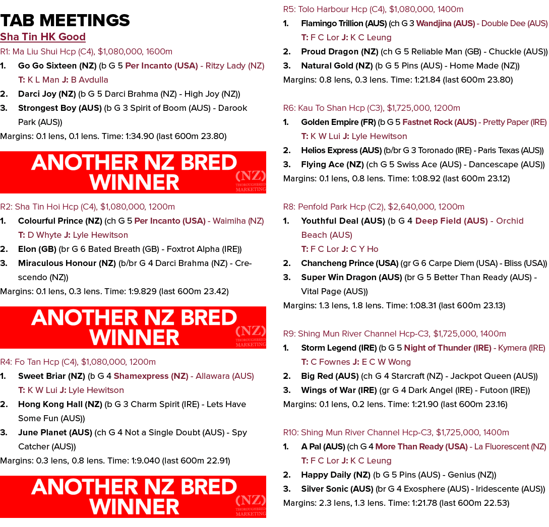 Tab Meetings Sha Tin HK Good R1: Ma Liu Shui Hcp (C4), $1,080,000, 1600m 1. Go Go Sixteen (NZ) (b G 5 Per Incanto (US...
