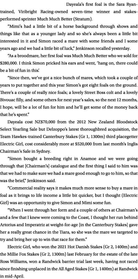 Dayeala’s first foal is the Sara Ryan trained, Viribright Racing owned seven time winner and stakes performed sprinte...