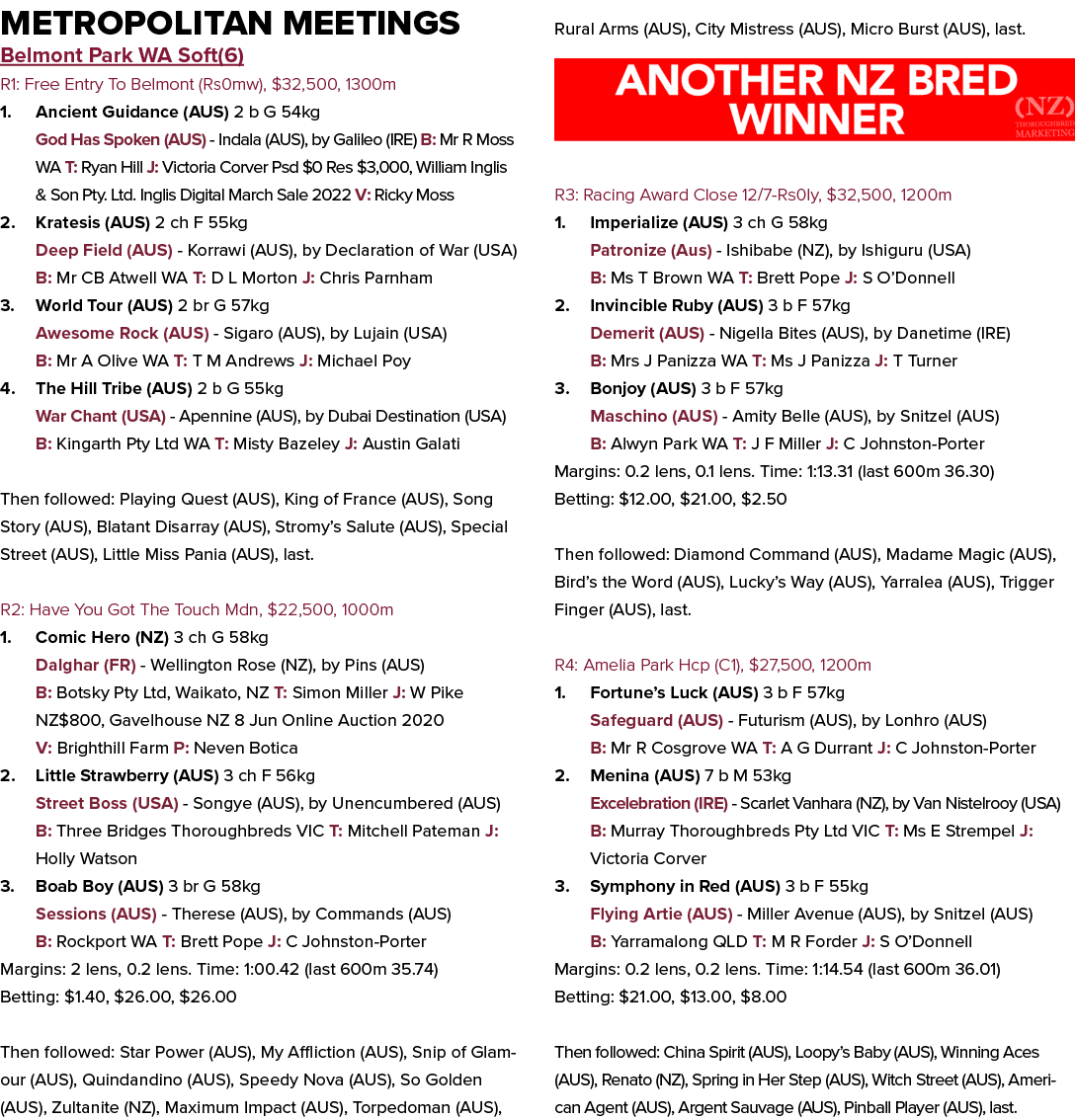 Metropolitan Meetings Belmont Park WA Soft(6) R1: Free Entry To Belmont (Rs0mw), $32,500, 1300m 1. Ancient Guidance (...