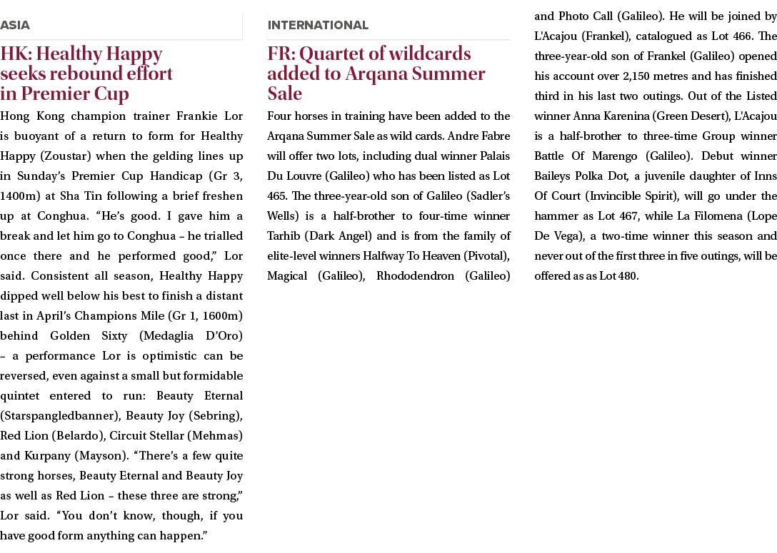 ￼ HK: Healthy Happy seeks rebound effort in Premier Cup Hong Kong champion trainer Frankie Lor is buoyant of a return...
