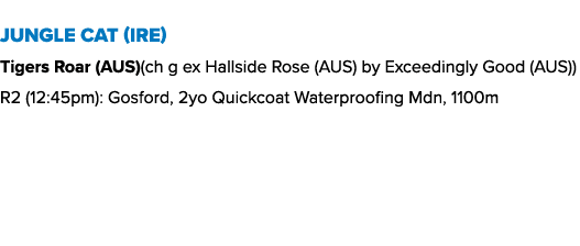 Jungle Cat (IRE) Tigers Roar (AUS)(ch g ex Hallside Rose (AUS) by Exceedingly Good (AUS)) R2 (12:45pm): Gosford, 2yo ...