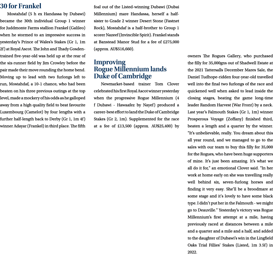 30 for Frankel Mostahdaf (5 h ex Handassa by Dubawi) became the 30th individual Group 1 winner for Juddmonte Farms st...
