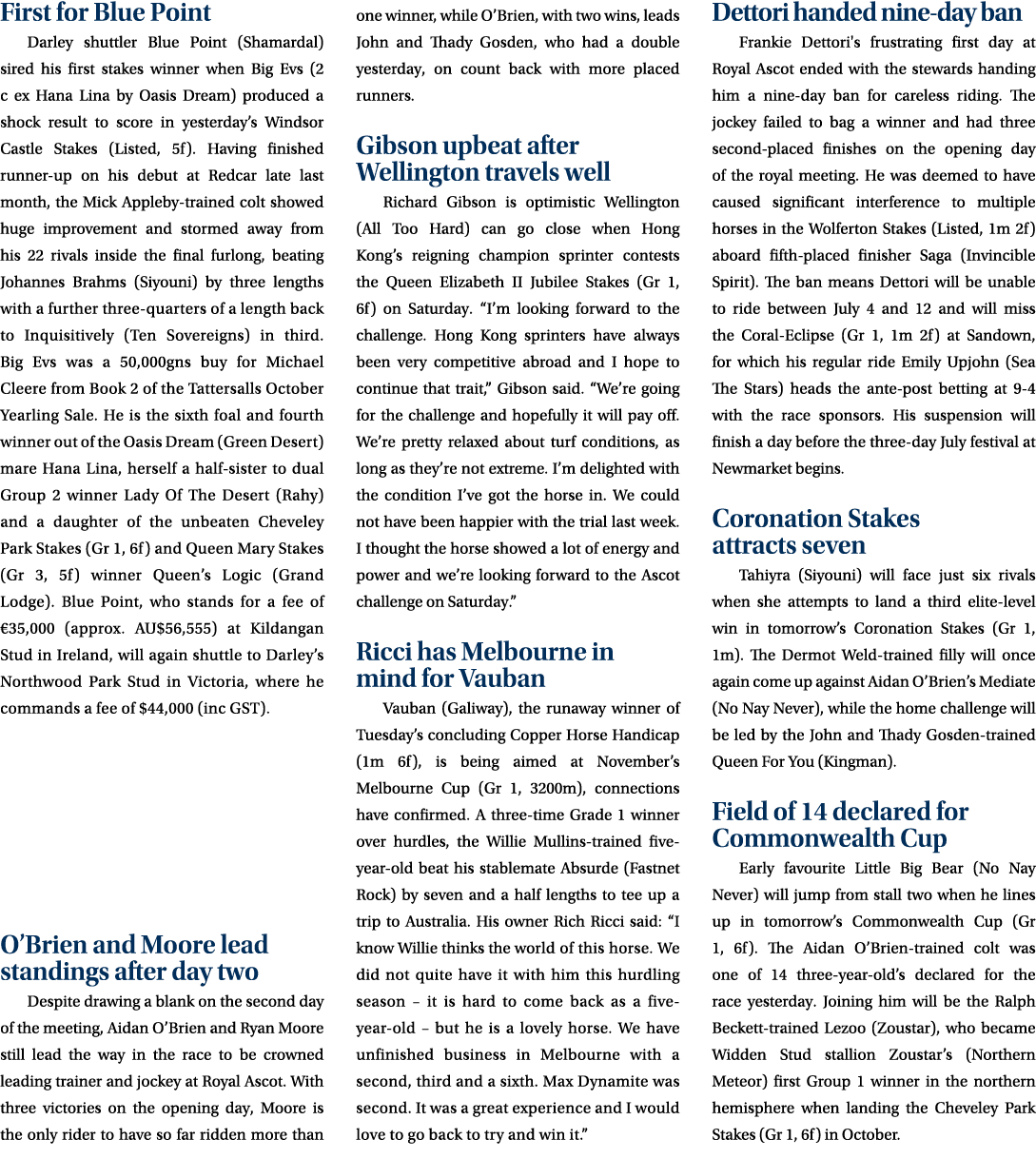 First for Blue Point Darley shuttler Blue Point (Shamardal) sired his first stakes winner when Big Evs (2 c ex Hana L...