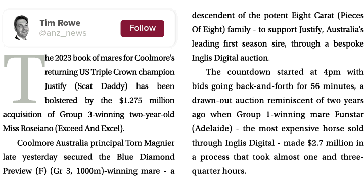 ￼ The 2023 book of mares for Coolmore’s returning US Triple Crown champion Justify (Scat Daddy) has been bolstered by...