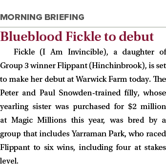 ￼ Blueblood Fickle to debut Fickle (I Am Invincible), a daughter of Group 3 winner Flippant (Hinchinbrook), is set to...