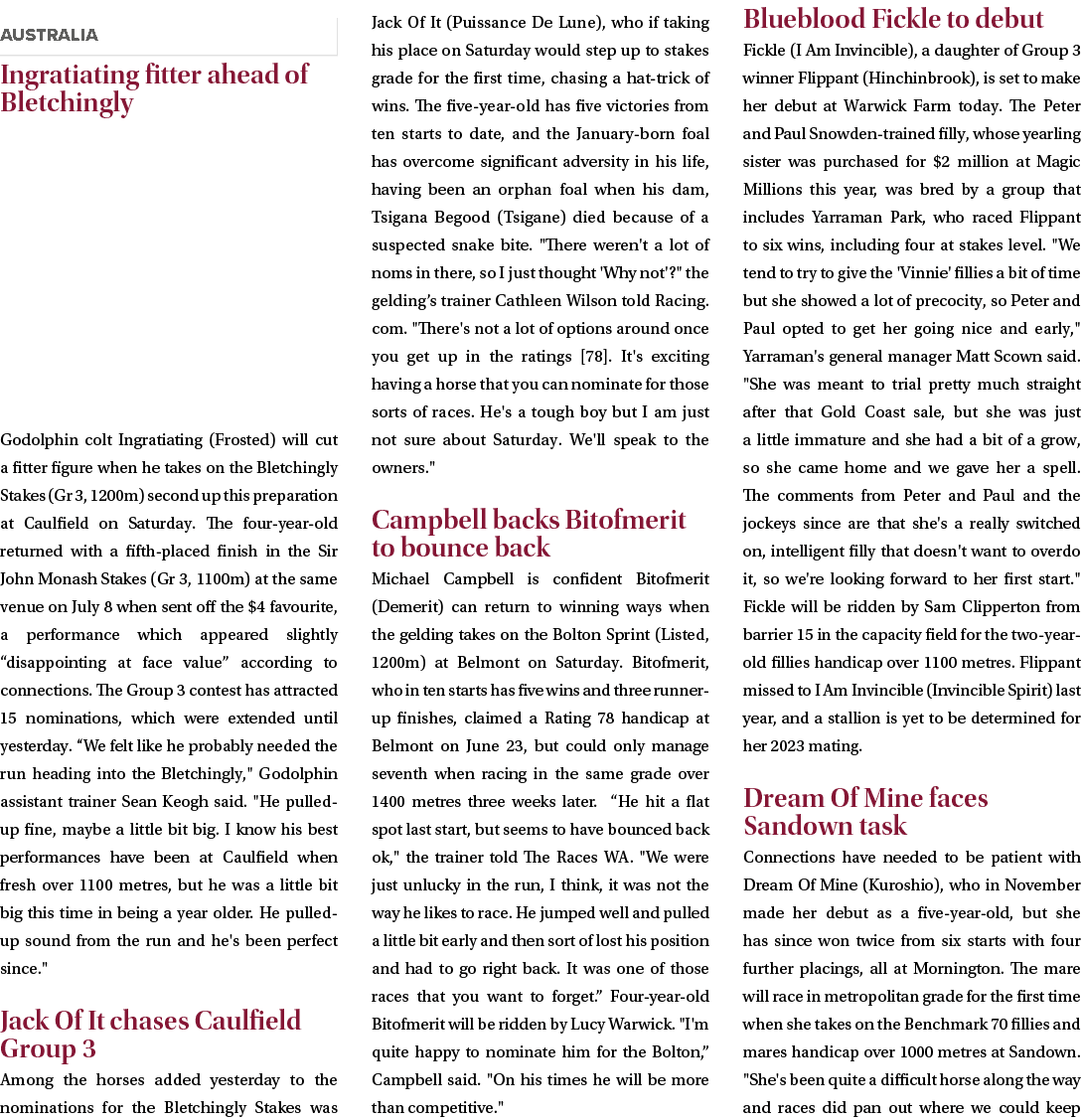 ￼ Ingratiating fitter ahead of Bletchingly Godolphin colt Ingratiating (Frosted) will cut a fitter figure when he tak...