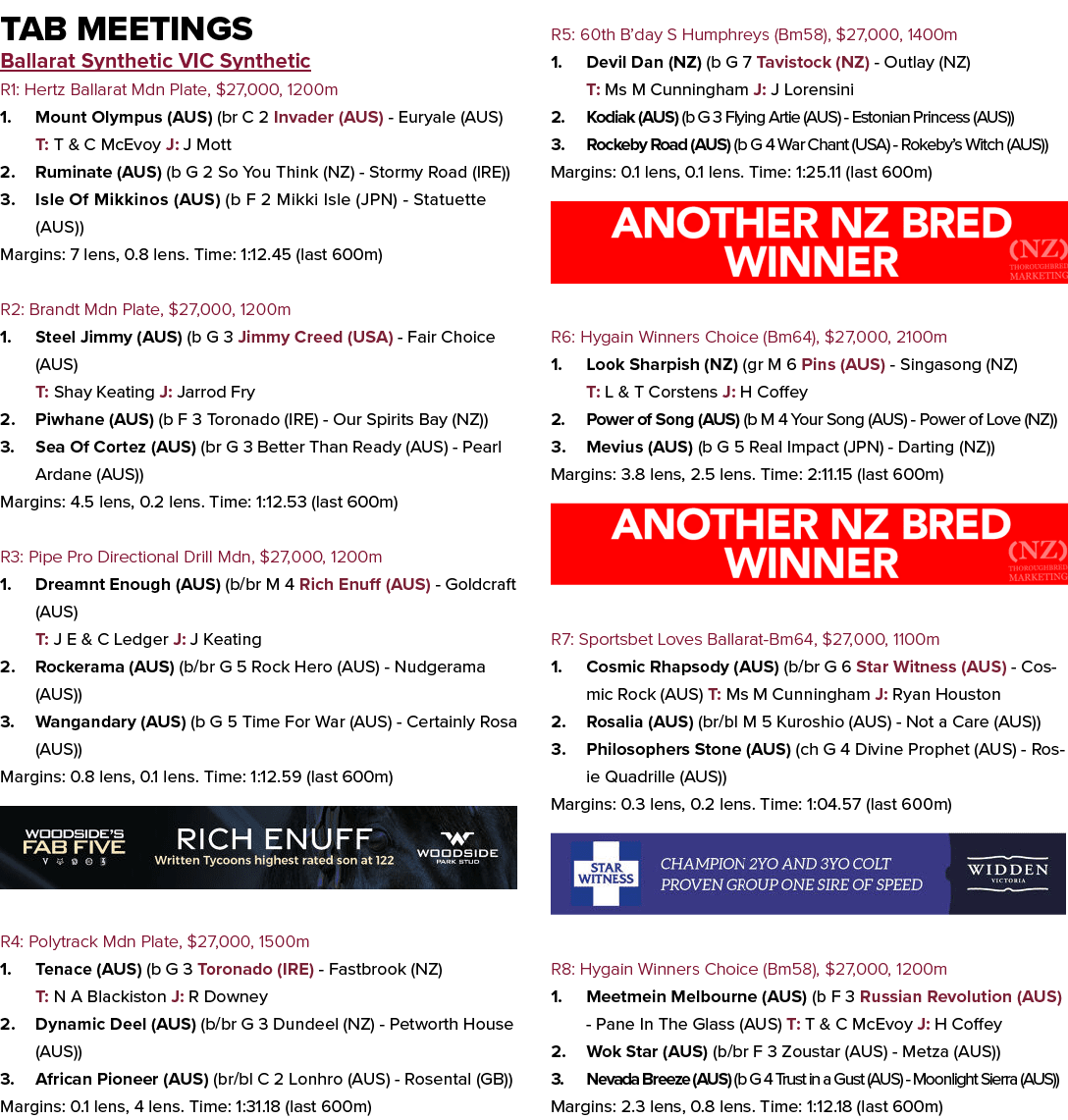 Tab Meetings Ballarat Synthetic VIC Synthetic R1: Hertz Ballarat Mdn Plate, $27,000, 1200m 1. Mount Olympus (AUS) (br...