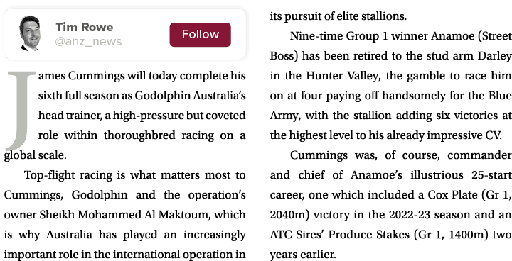 ￼ James Cummings will today complete his sixth full season as Godolphin Australia’s head trainer, a high pressure but...