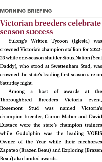 ￼ Victorian breeders celebrate season success Yulong’s Written Tycoon (Iglesia) was crowned Victoria’s champion stall...