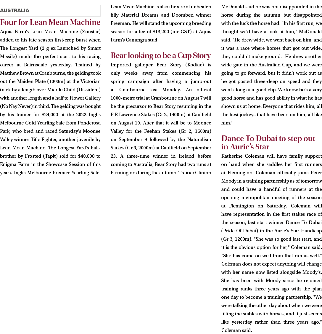 ￼ Four for Lean Mean Machine Aquis Farm’s Lean Mean Machine (Zoustar) added to his late season first crop burst when ...