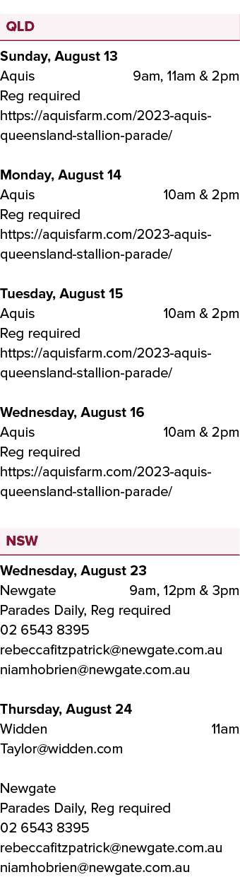￼ Sunday, August 13 Aquis 9am, 11am & 2pm Reg required https://aquisfarm.com/2023 aquis queensland stallion parade/ M...
