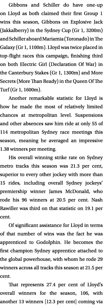 Gibbons and Schiller do have one up on Lloyd as both claimed their first Group 1 wins this season, Gibbons on Explosi...