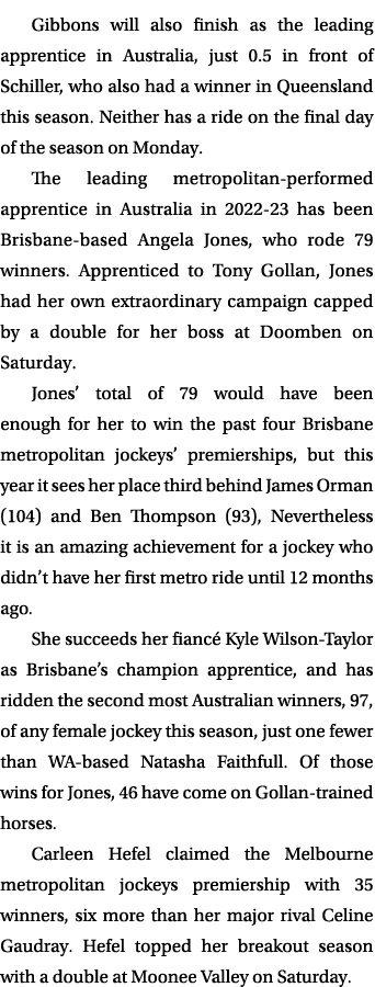 Gibbons will also finish as the leading apprentice in Australia, just 0.5 in front of Schiller, who also had a winner...