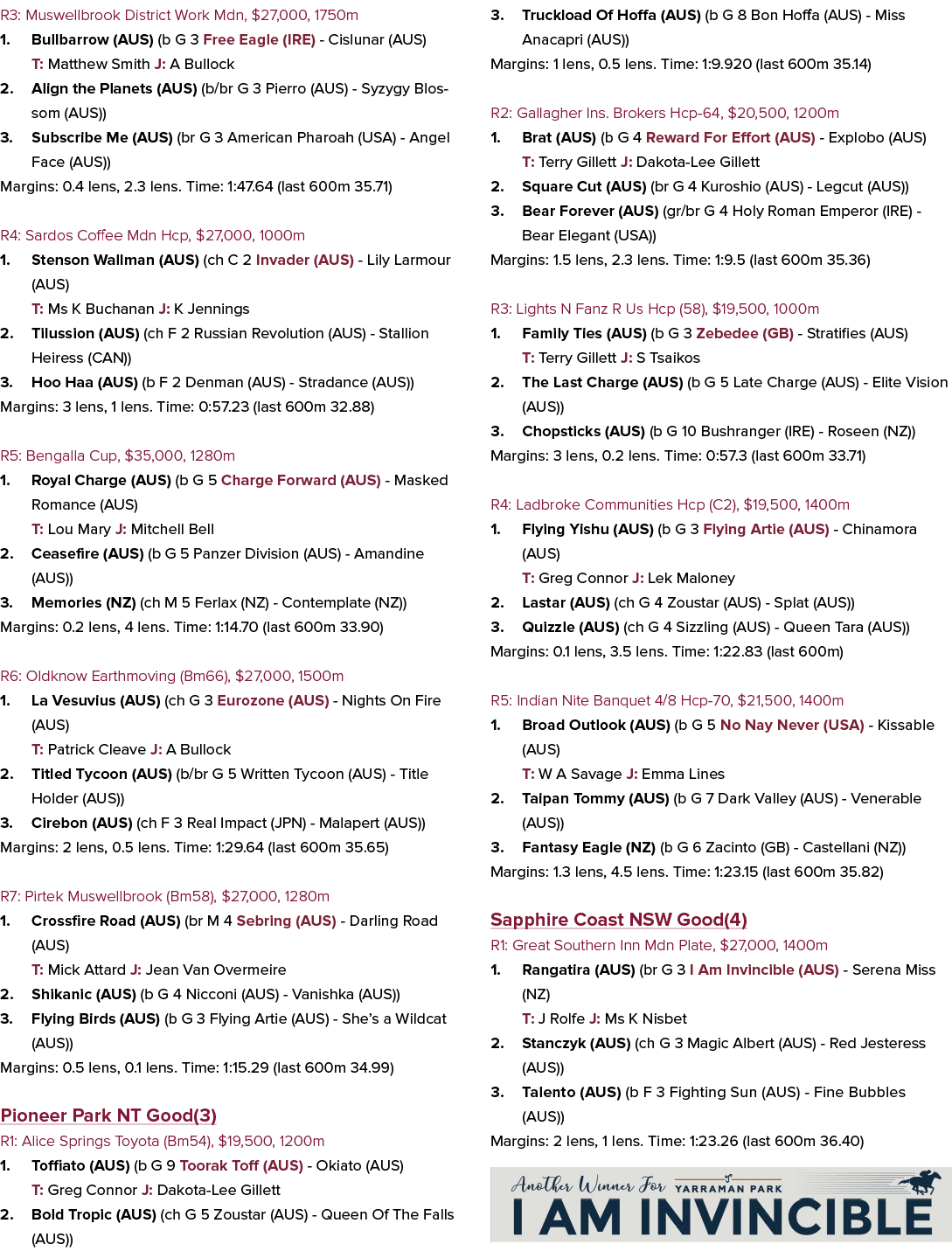 R3: Muswellbrook District Work Mdn, $27,000, 1750m 1. Bullbarrow (AUS) (b G 3 Free Eagle (IRE) Cislunar (AUS) T: Matt...