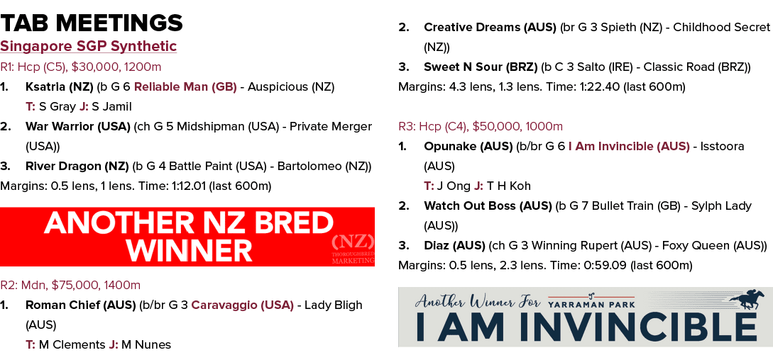 Tab Meetings Singapore SGP Synthetic R1: Hcp (C5), $30,000, 1200m 1. Ksatria (NZ) (b G 6 Reliable Man (GB) Auspicious...
