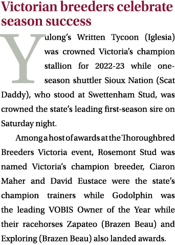 Victorian breeders celebrate season success Yulong’s Written Tycoon (Iglesia) was crowned Victoria’s champion stallio...