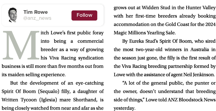 ￼ Mitch Lowe’s first public foray into being a commercial breeder as a way of growing his Viva Racing syndication bus...