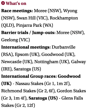 ￼ What's on Race meetings: Moree (NSW), Wyong (NSW), Swan Hill (VIC), Rockhampton (QLD), Pinjarra Park (WA) Barrier t...