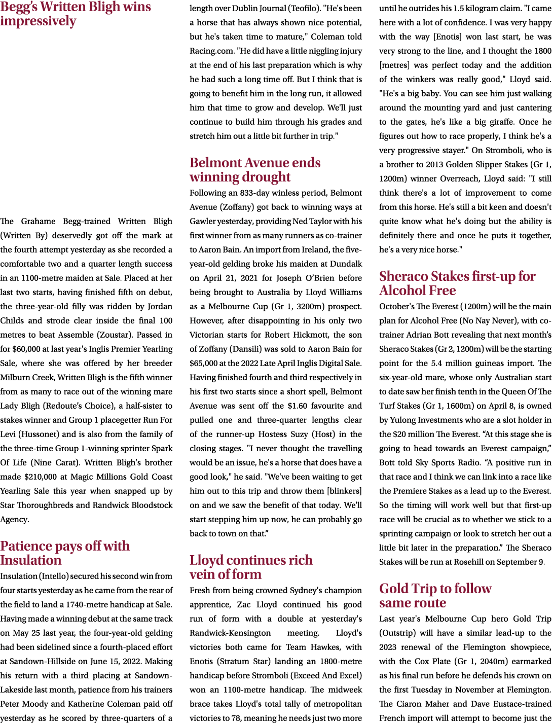 Begg’s Written Bligh wins impressively The Grahame Begg trained Written Bligh (Written By) deservedly got off the mar...
