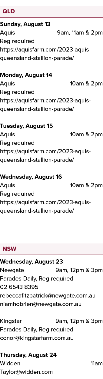 ￼ Sunday, August 13 Aquis 9am, 11am & 2pm Reg required https://aquisfarm.com/2023 aquis queensland stallion parade/ M...