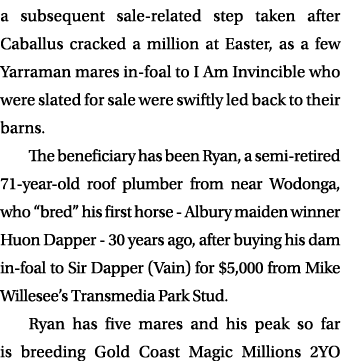 a subsequent sale related step taken after Caballus cracked a million at Easter, as a few Yarraman mares in foal to I...