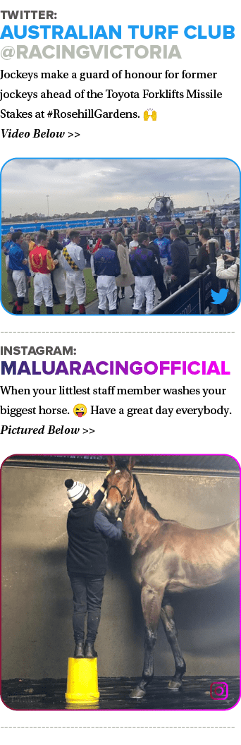 Twitter: Australian Turf Club @RacingVictoria Jockeys make a guard of honour for former jockeys ahead of the Toyota F...