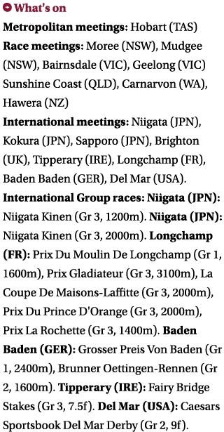 ￼ What's on Metropolitan meetings: Hobart (TAS) Race meetings: Moree (NSW), Mudgee (NSW), Bairnsdale (VIC), Geelong (...