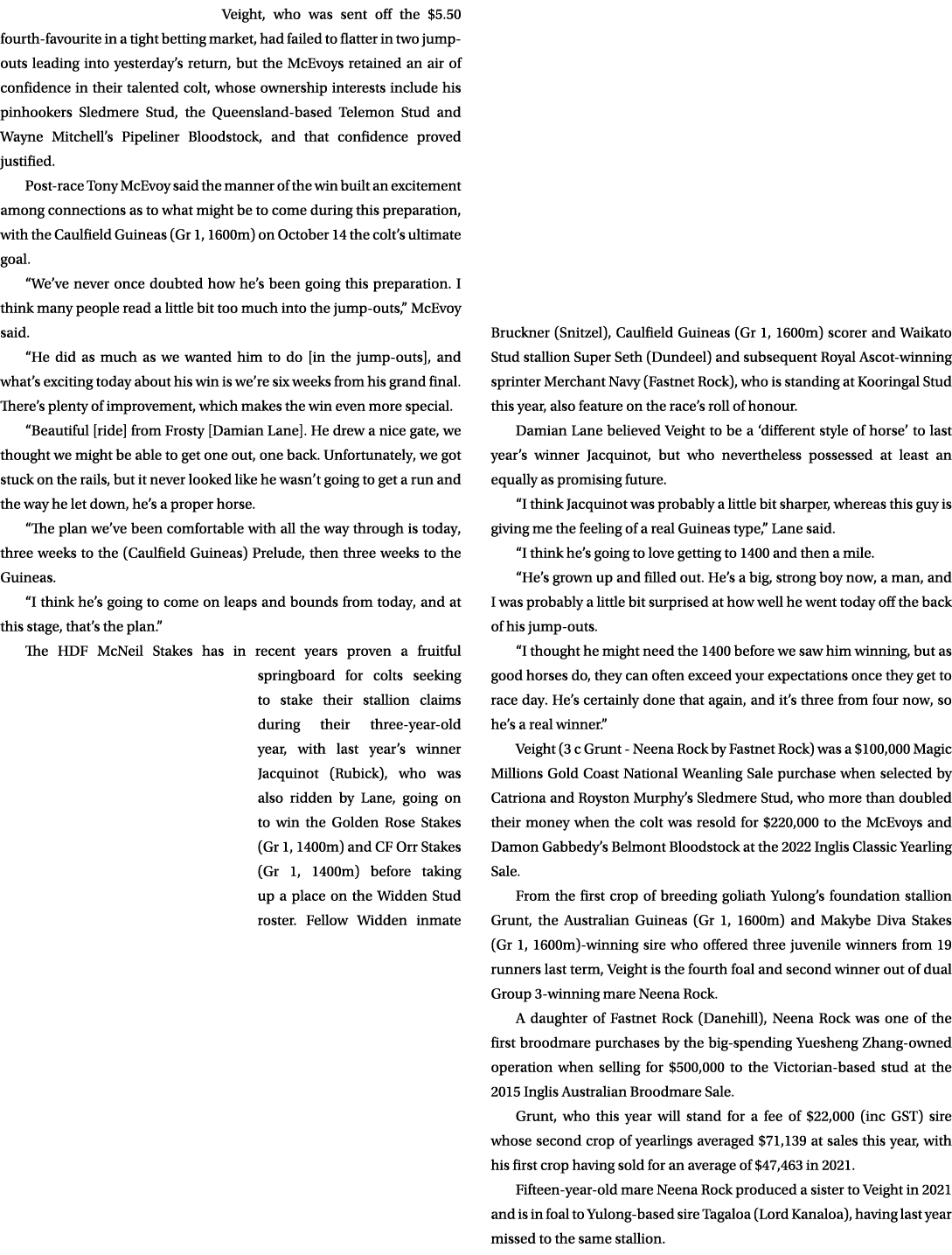 Veight, who was sent off the $5.50 fourth favourite in a tight betting market, had failed to flatter in two jump outs...