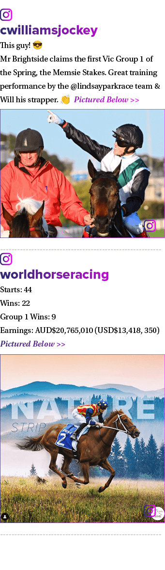 ￼ cwilliamsjockey This guy! 😎 Mr Brightside claims the first Vic Group 1 of the Spring, the Memsie Stakes. Great tra...