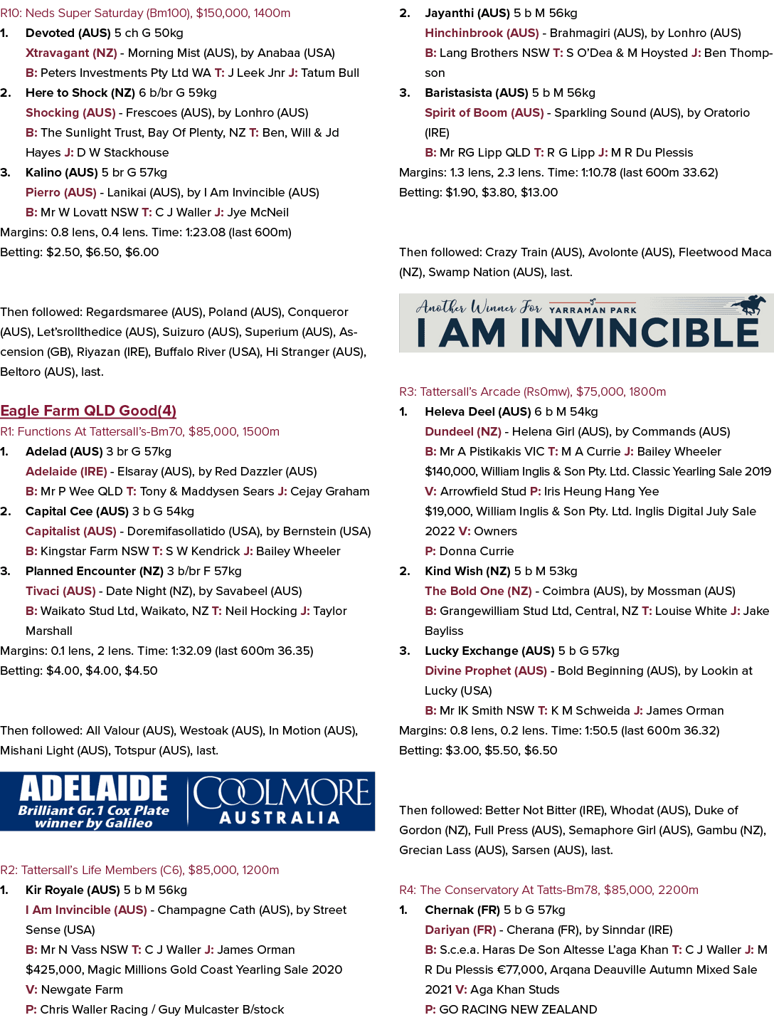 R10: Neds Super Saturday (Bm100), $150,000, 1400m 1. Devoted (AUS) 5 ch G 50kg Xtravagant (NZ) Morning Mist (AUS), by...