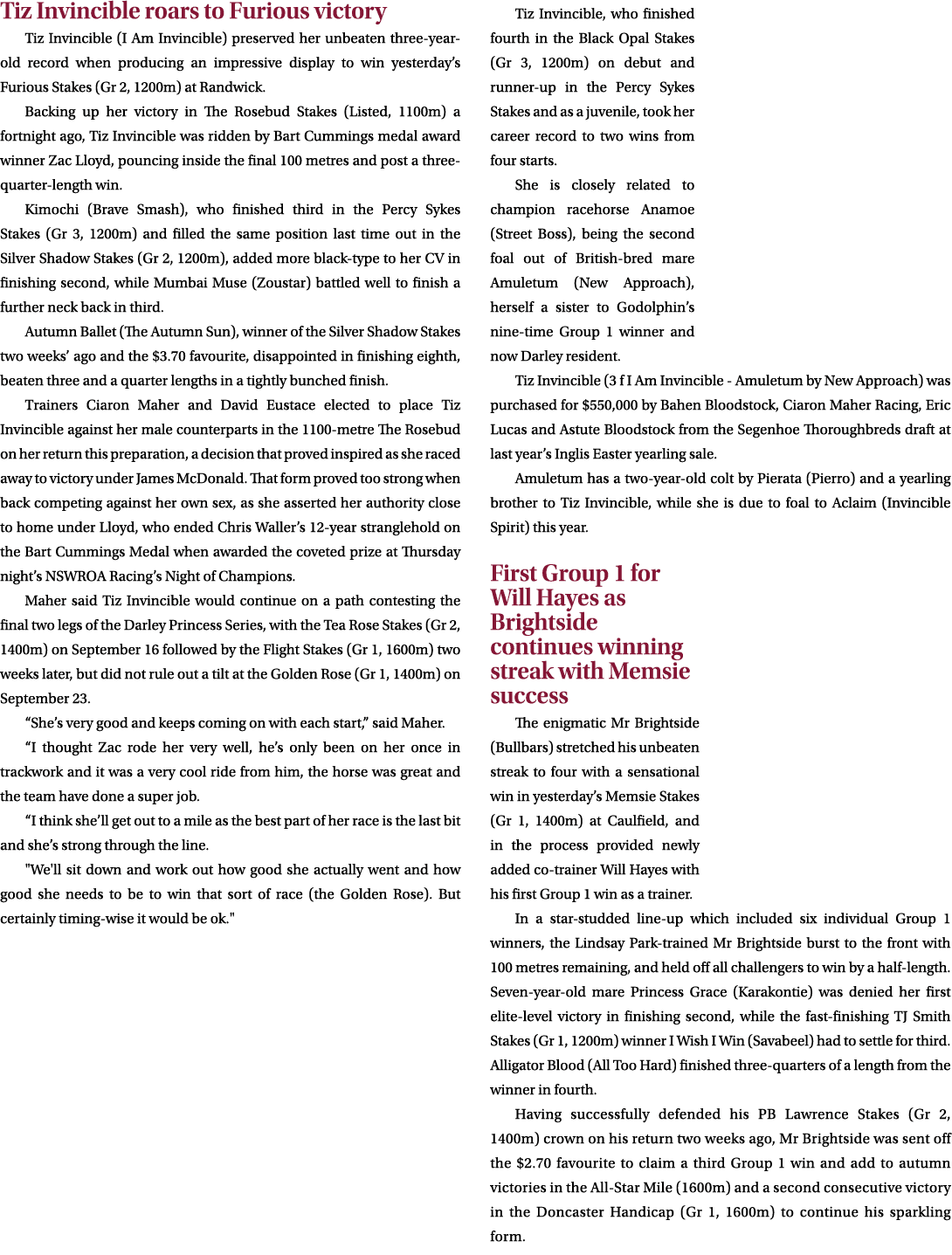 Tiz Invincible roars to Furious victory Tiz Invincible (I Am Invincible) preserved her unbeaten three year old record...