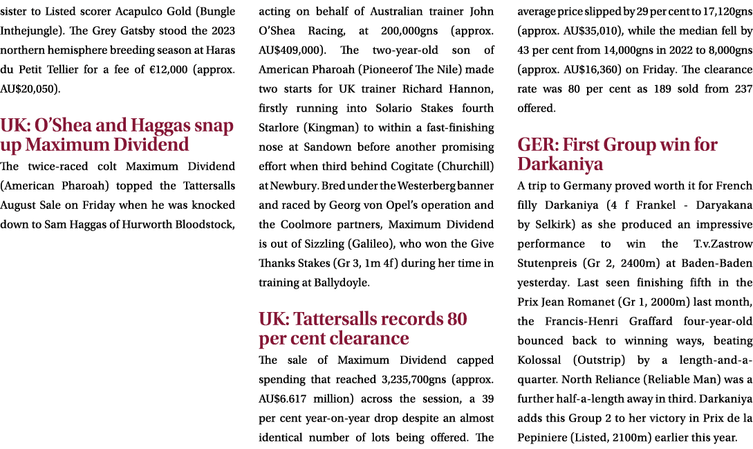 sister to Listed scorer Acapulco Gold (Bungle Inthejungle). The Grey Gatsby stood the 2023 northern hemisphere breedi...