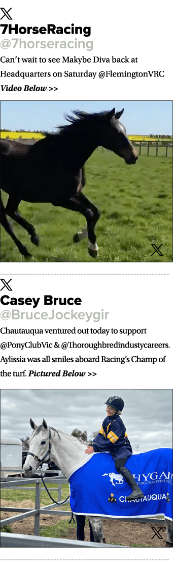 ￼ 7HorseRacing @7horseracing Can’t wait to see Makybe Diva back at Headquarters on Saturday @FlemingtonVRC Video Belo...