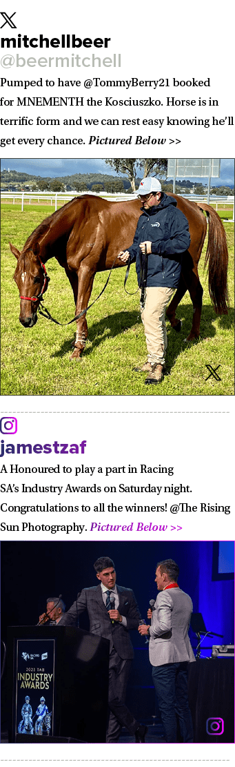 ￼ mitchellbeer @beermitchell Pumped to have @TommyBerry21 booked for MNEMENTH the Kosciuszko. Horse is in terrific fo...