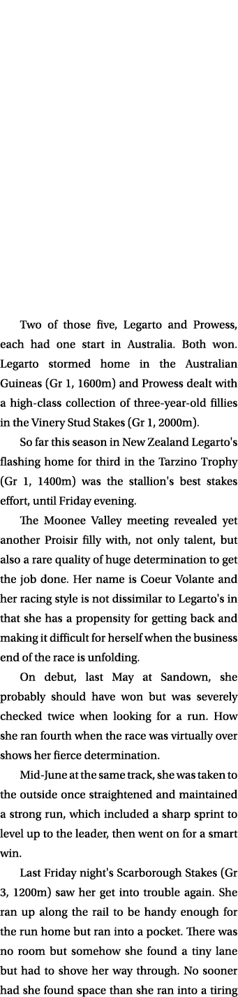 Two of those five, Legarto and Prowess, each had one start in Australia. Both won. Legarto stormed home in the Austra...