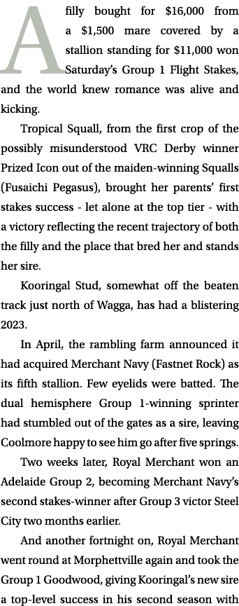 A filly bought for $16,000 from a $1,500 mare covered by a stallion standing for $11,000 won Saturday’s Group 1 Fligh...