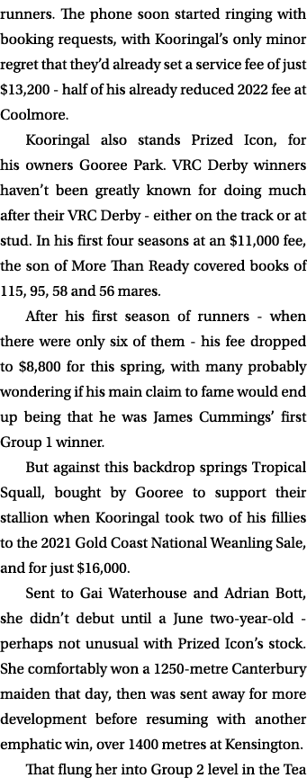 runners. The phone soon started ringing with booking requests, with Kooringal’s only minor regret that they’d already...