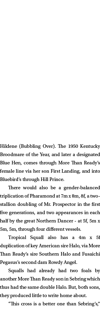 Hildene (Bubbling Over). The 1950 Kentucky Broodmare of the Year, and later a designated Blue Hen, comes through More...