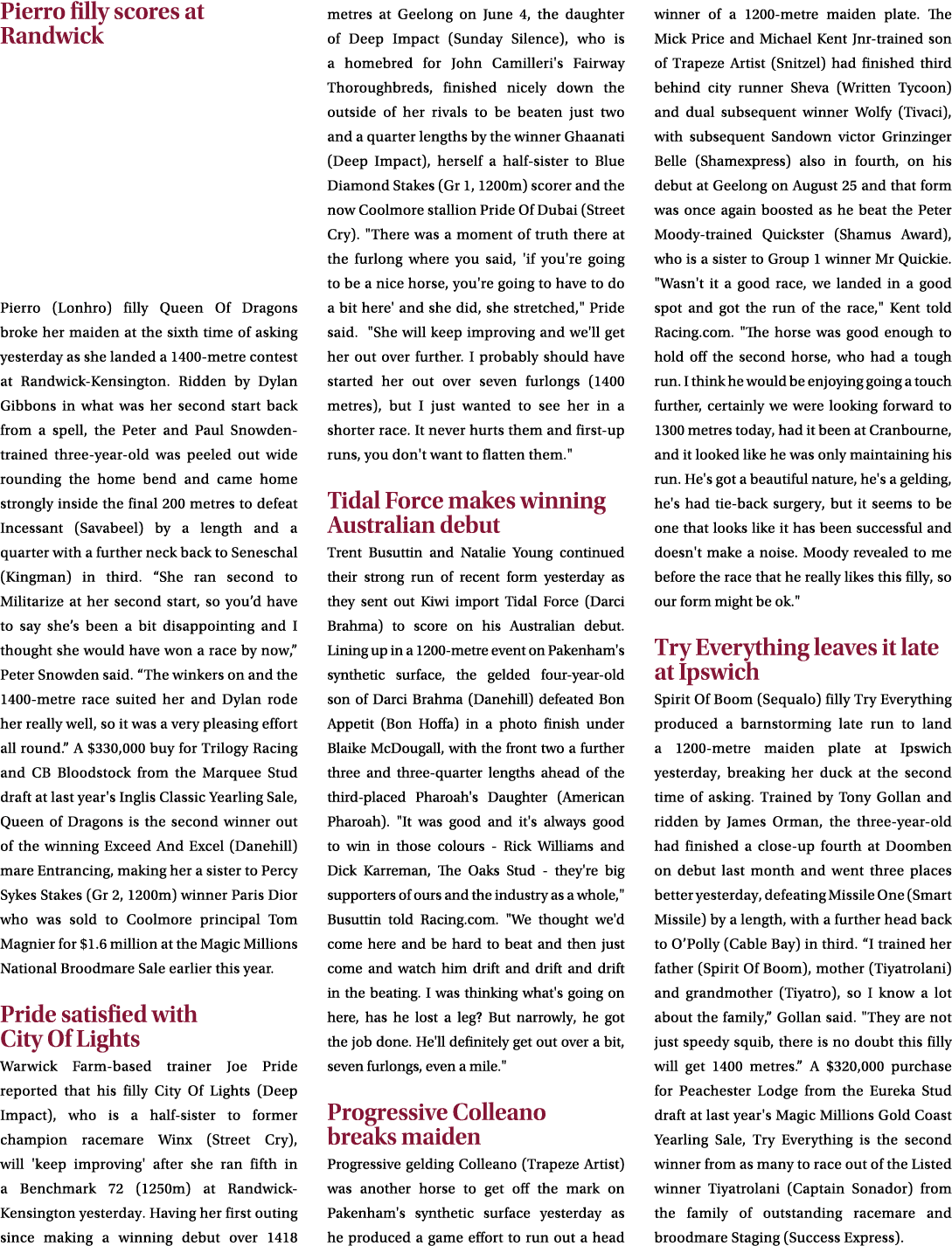 Pierro filly scores at Randwick Pierro (Lonhro) filly Queen Of Dragons broke her maiden at the sixth time of asking y...