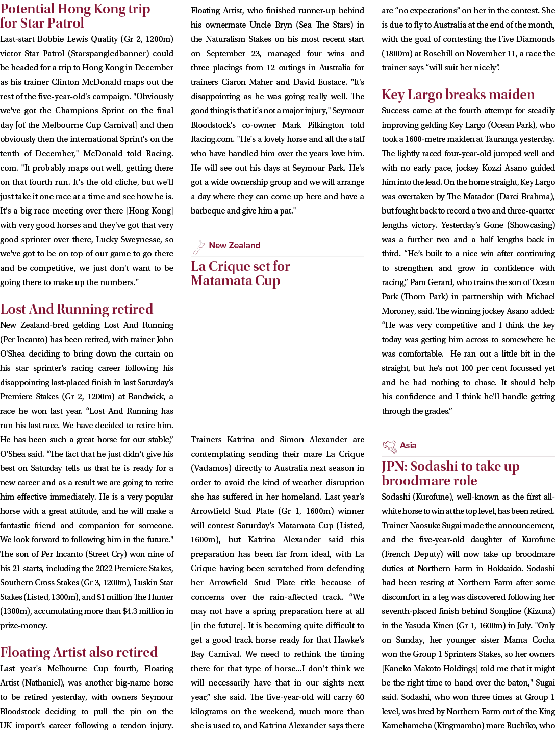 Potential Hong Kong trip for Star Patrol Last start Bobbie Lewis Quality (Gr 2, 1200m) victor Star Patrol (Starspangl...