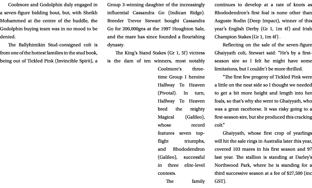 Coolmore and Godolphin duly engaged in a seven figure bidding bout, but, with Sheikh Mohammed at the centre of the hu...