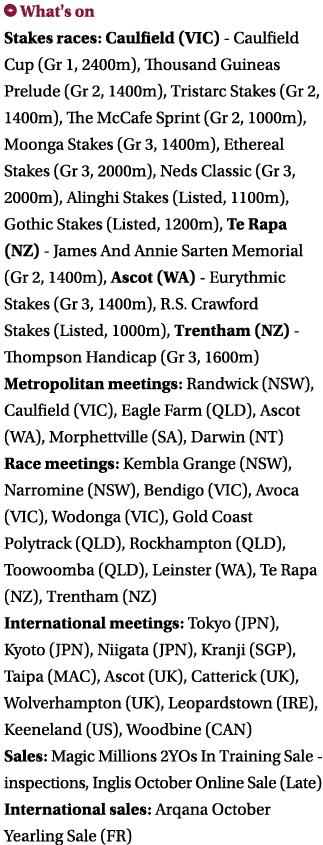 ￼ What's on Stakes races: Caulfield (VIC) Caulfield Cup (Gr 1, 2400m), Thousand Guineas Prelude (Gr 2, 1400m), Trista...