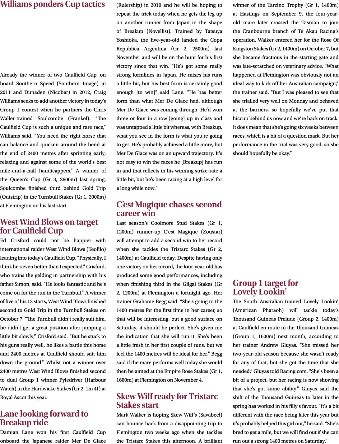 Williams ponders Cup tactics Already the winner of two Caulfield Cup, on board Southern Speed (Southern Image) in 201...