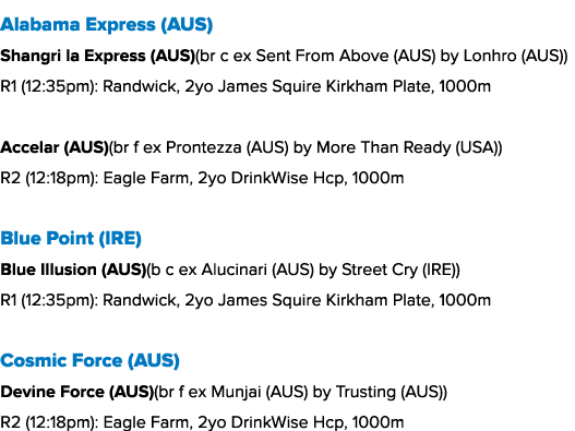 Alabama Express (AUS) Shangri la Express (AUS)(br c ex Sent From Above (AUS) by Lonhro (AUS)) R1 (12:35pm): Randwick,...