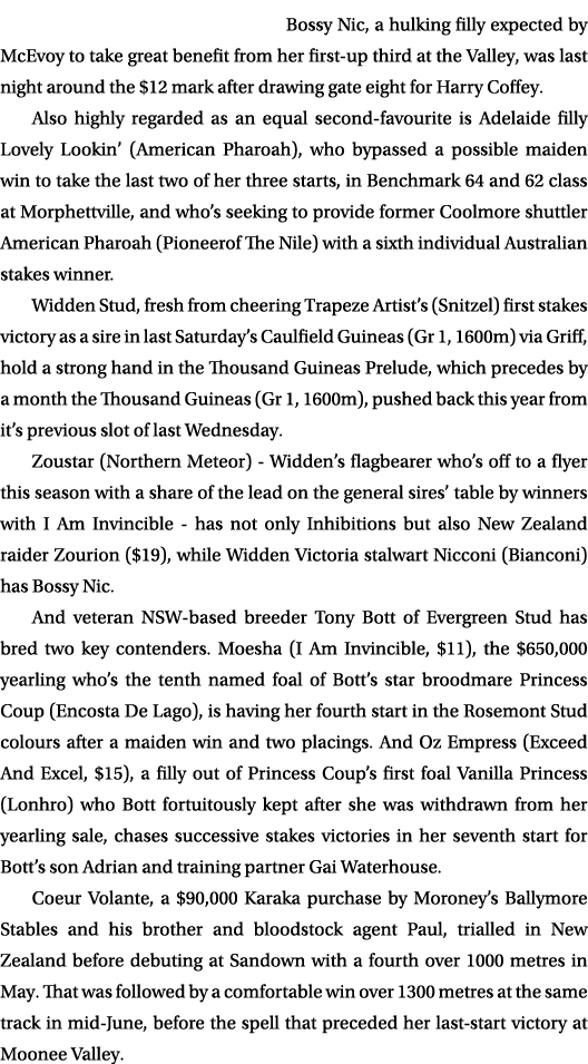 Bossy Nic, a hulking filly expected by McEvoy to take great benefit from her first up third at the Valley, was last n...