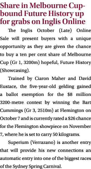 Share in Melbourne Cup bound Future History up for grabs on Inglis Online The Inglis October (Late) Online Sale will ...